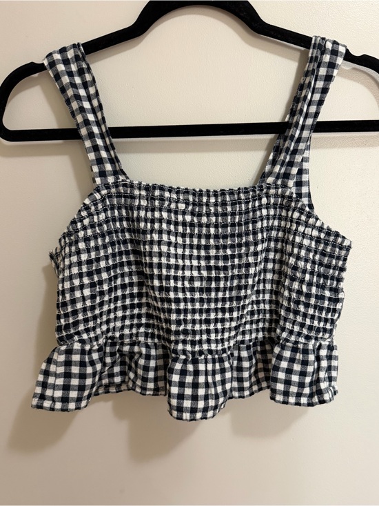 American Eagle Outfitters Tops - American Eagle Gingham Smocked Tie-Back Crop Top Ruffle Hem Linen Blend Small